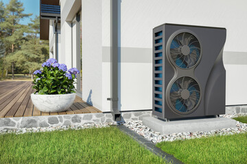 Double size black heat pump stays beside a wall of a cottage - 3d rendering