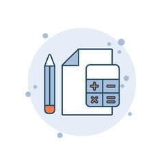 Cartoon calculator icon vector illustration. Document with pencil icon on bubbles background. Calculation sign concept.