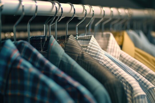 A row of shirts hanging on a rack. Suitable for fashion, retail, and clothing concepts