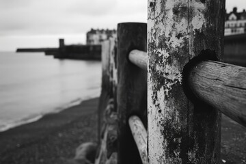 A black and white photo of a wooden fence. Can be used to add a rustic touch to any design
