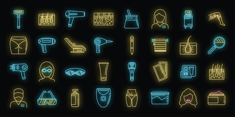 Modern laser hair removal icons set. Outline set of modern laser hair removal vector icons neon color on black