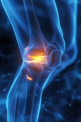 A close-up view of a person's knee with a glowing joint. This image can be used to illustrate joint health, medical treatments, or the effects of inflammation.