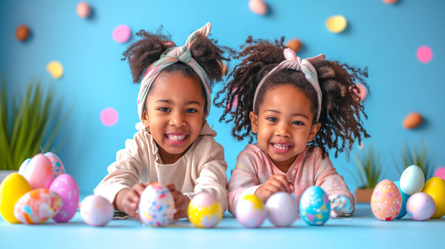Portrait of African american girls smiling with her painted easter eggs. 
