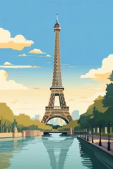Gordijnen A vintage retro style travel poster for Paris, France with the famous Eiffel tower and River Seine © ink drop