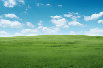 Fototapeta premium Green Grass On A Vast Grassy Field, A Green Field With Blue Sky And Clouds