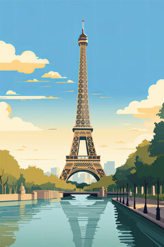 A vintage retro style travel poster for Paris, France with the famous Eiffel tower and River Seine