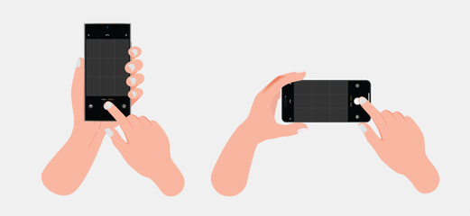 Pressing camera button and taking a photo with a smartphone. Finger touch screen taking photo with smart phone. Person taking a photograph and recording video with a mobile phone camera. Vector.