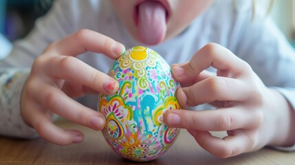 Fototapeta na wymiar a child holding a colorful painted egg 