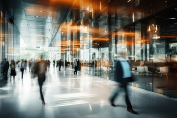 Fototapeta premium Business people walking in the lobby of a modern office building, motion blur