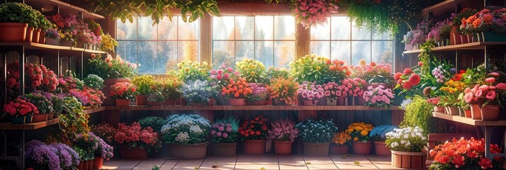 Shelves Filled Flowers Look Pretty, Banner Image For Website, Background, Desktop Wallpaper