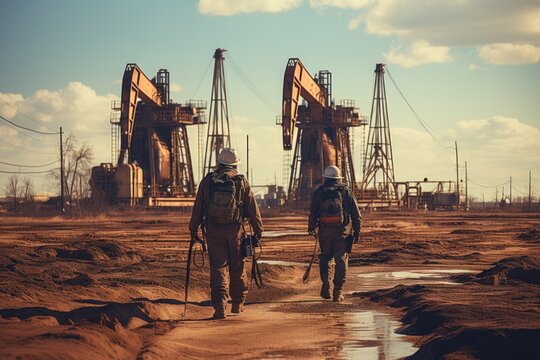 Workers in the oilfield. Work on the extraction of oil.