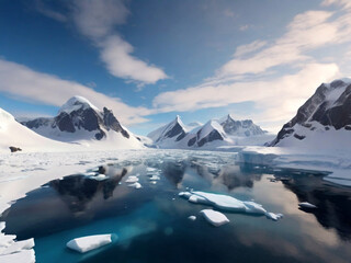 icecaps in the Antarctica with iceberg in the ocean swimming around and melting in the sea. Created using generative AI tools