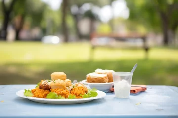 Foto op Plexiglas picnic setting, vada pav on plate, park bench © studioworkstock
