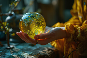 Hands holding a glowing colorful glass or crystal magic ball. Blurred nature background. Fortune Teller woman's hands holding magic ball
