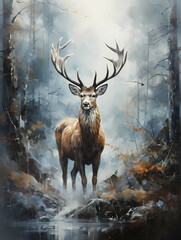 Elk In The Fog Print, A Deer In The Woods