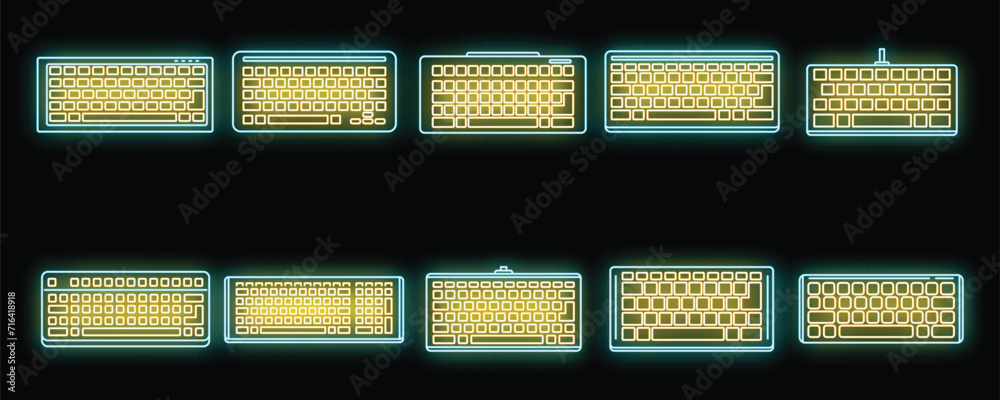 Fototapete work keyboard icons set. outline set of work keyboard vector icons neon color on black