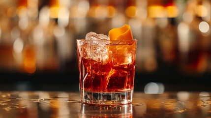A Negroni Sbagliato cocktail with ice cubes on a bar