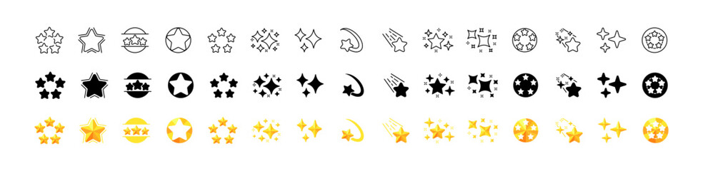 Stars icon set. Collection of stars. Linear, silhouette and flat style. Vector icons
