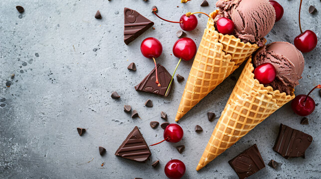 From above waffle cones with cherry and chocolate