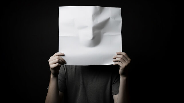 a man with a white sheet of paper covers his face with it, hides himself. announcement blank