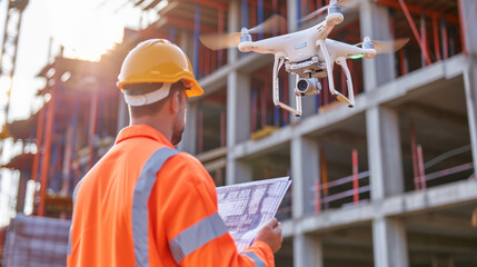 Architectural Engineer Inspector Fly Drone on Building Construction Site Controlling Quality