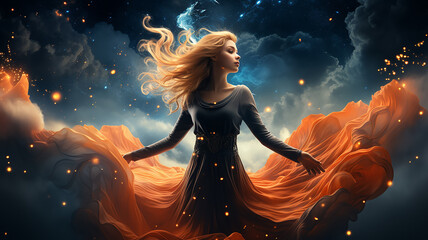 the sorceress of the night in the image of a girl flies against the background of the starry night sky, a fabulous illustration - obrazy, fototapety, plakaty
