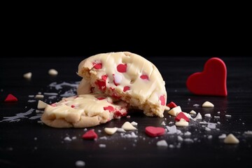 Valentine's day treat: shattered heart-shaped cookie with red, milk, and white chocolate on a dark background. Generative AI