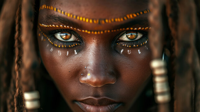 Beautiful african tribe woman, tribal markings, very detailed eye and iris, rasta hair, she is looking straight into the camera black background