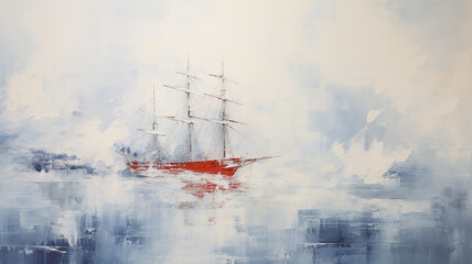 sailboat ship vintage at sea, art work painting in impressionism style, light backdrop white and blue shade design