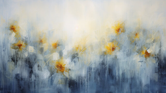 art work painting with paint impressionism style abstract sunflowers on a light gray and blue background, minimalism backdrop