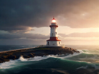 Obraz premium Lighthouse in the ocean at sunset, 3d render illustration. Beautiful seascape. Created using generative AI tools
