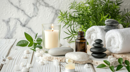 Beauty treatment items for spa procedures on white wooden table and marble wall. massage stones, essential oils and sea salt. candle, rolled up white towel, plants, copy space