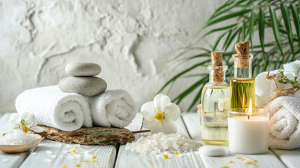 Obraz na płótnie Canvas Beauty treatment items for spa procedures on white wooden table and marble wall. massage stones, essential oils and sea salt. candle, rolled up white towel, plants, copy space