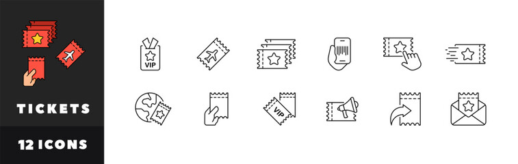 Tickets icon set. Ticket buttons. Linear style. Vector icons