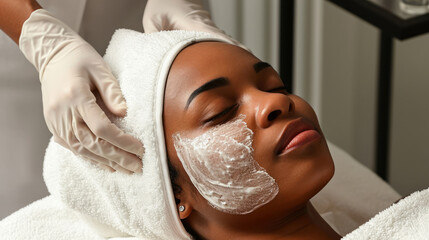 Beautiful woman receiving facial and massage at luxury spa for relaxation.