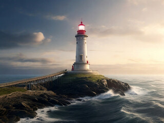 Fototapeta na wymiar Lighthouse on the rock at sunset. Beautiful seascape. Created using generative AI tools