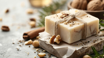 Composition with natural soap and nuts on light background
