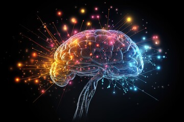 Aging brain vibrant puzzle, jigsaw of ideation thoughts. Mental artistry, painted pastels flaming hues, playful humorous brain design. Visualization rainbow hued brilliance tapestry, radiating mind