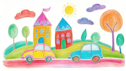 Fototapeta na wymiar Childlike Drawing of Cars, House, Tree, Sun Illustration, Colorful Chalk Isolated on White Background