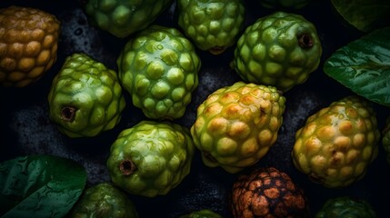 Obraz premium Fresh soursop with water splashes and drops on black background