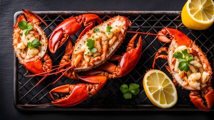 Sizzling lobster and crab on the grill, a feast of barbecued seafood in BBQ flames.