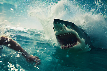 Man is attacked by a shark under water. Diving sports, risk and danger and panic attack victim...