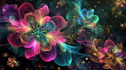 Digital technology transparent colorful flowers abstract graphics poster web page .