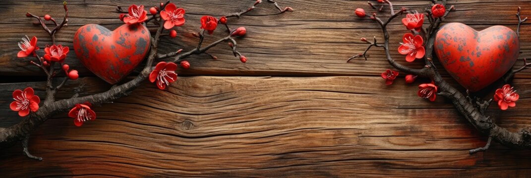 Two Hearts Cherry Blossom On Wood, Banner Image For Website, Background, Desktop Wallpaper