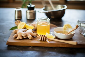 ginger root, honey, and lemon setup for making shots - obrazy, fototapety, plakaty