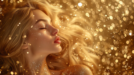 Fictional blond woman in gold glittering dress on golden glitter background, Closed eyes girl with blond lush hair, luxury and premium photography for advertising product design - obrazy, fototapety, plakaty