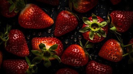 Fresh strawberries with water splashes and drops on black background