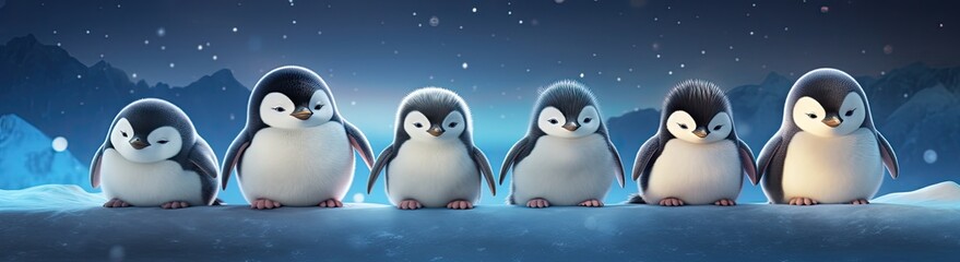 A charming scene of penguin chicks standing together, irresistibly cute, amidst twinkling party lights.