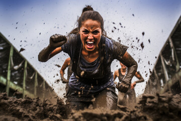 女性たちが障害物レースで泥だらけでスパルタの競技を戦っている