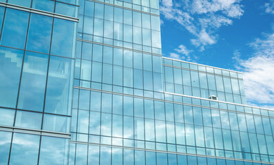 Modern sustainable glass office building. Exterior view of corporate headquarters glass building architecture. Energy-efficient building. Financial business center tower. Glass windows of company.